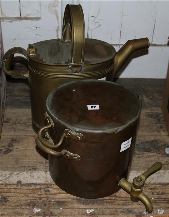 A Victorian copper water can and a two handled copper lidded pan, with brass spigot